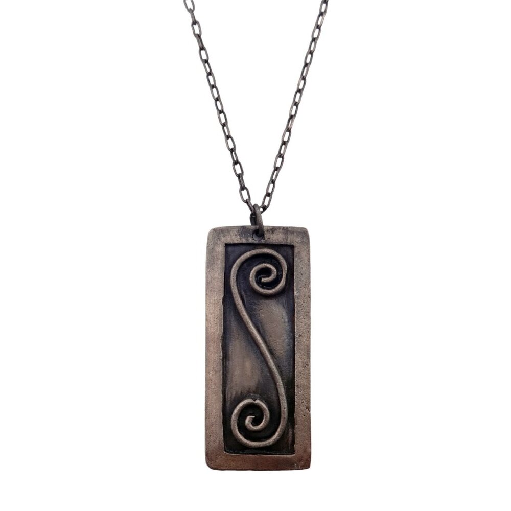Anju Large Rectangle Antiqued Pewter Scroll Pendant Necklace - Breathe - NEW
